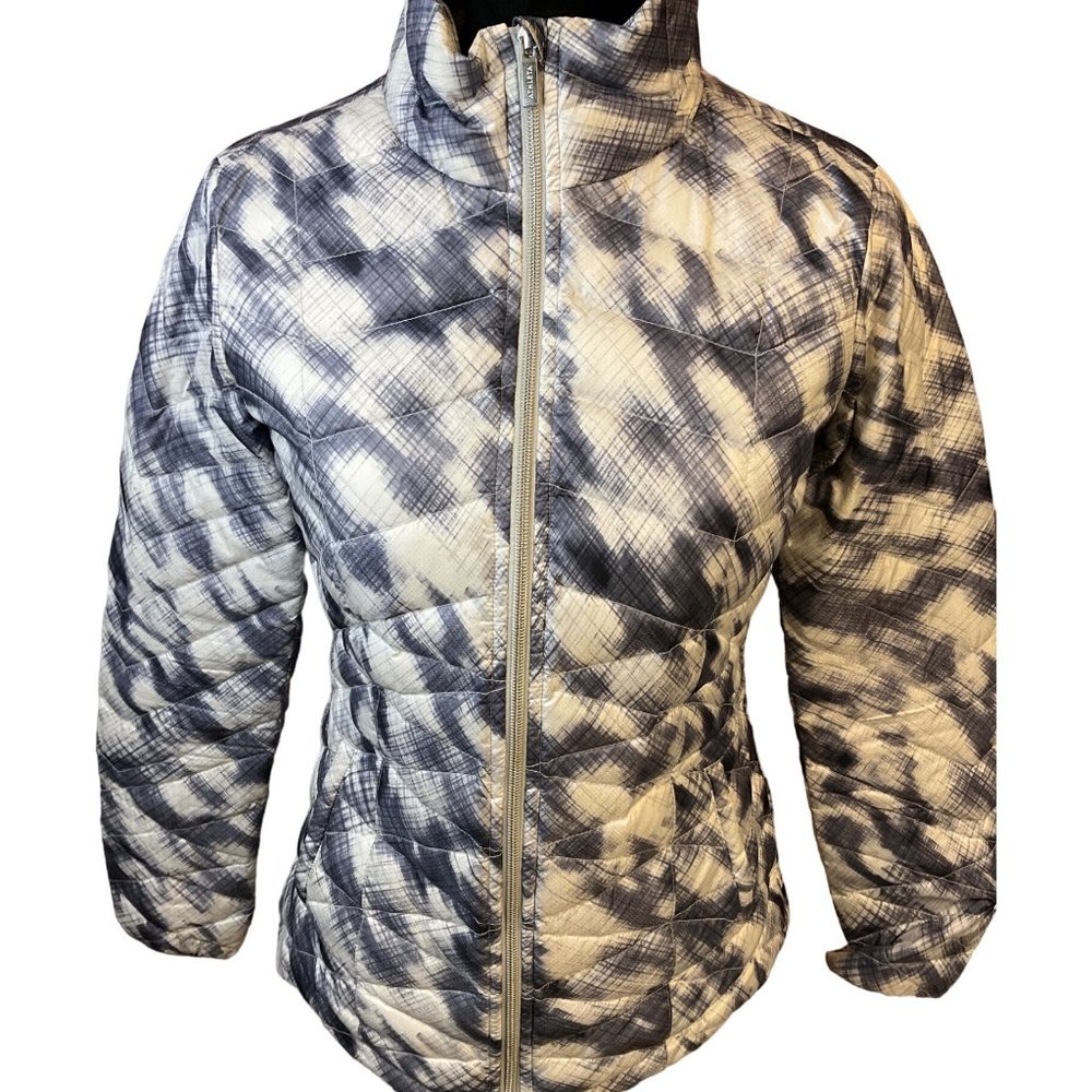Athleta Navy Denim and Ivory Abstract Light Puffer Jacket Size XS Goose Down